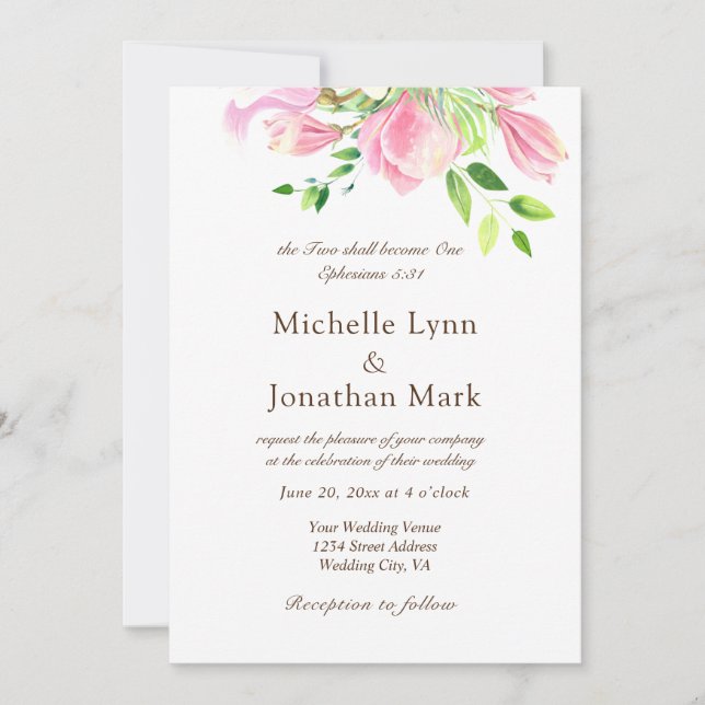 Two Shall Become One Pink Magnolia Christian Invitation (Front)