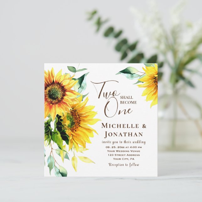 Two Shall Become One Sunflowers Christian Wedding Invitation (Standing Front)