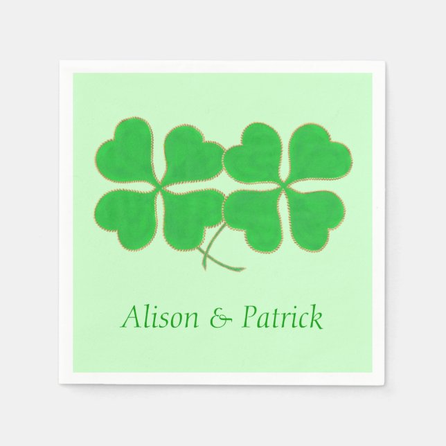 Two Shamrocks Gold Dot Trim Names Napkins (Front)