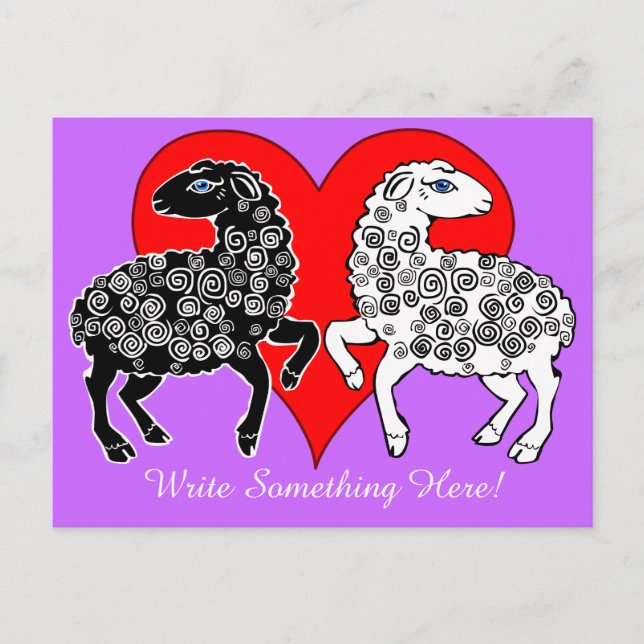 Two Sheep Black White Big Red Heart Personalised Postcard (Front)