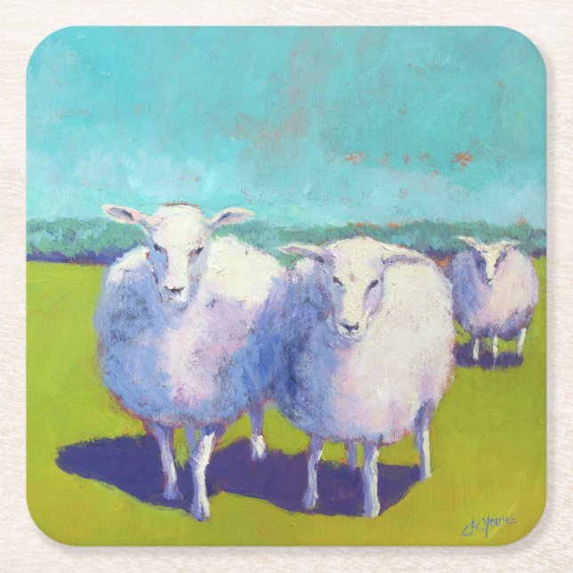 Two Sheep In Field Square Paper Coaster (Front)