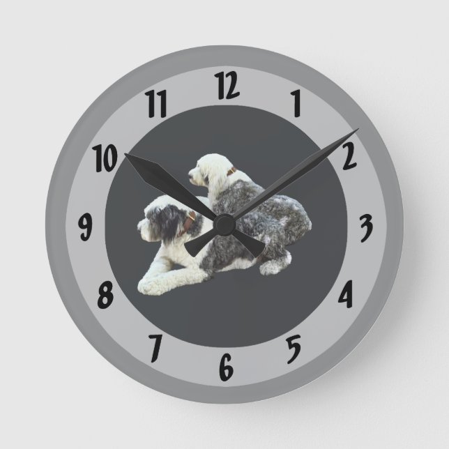 Two Sheepdogs Round Clock (Front)