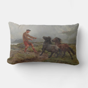 Two Shetland Ponies in a Misty Highland Landscape Lumbar Cushion