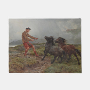 Two Shetland Ponies in a Misty Scottish Landscape Doormat