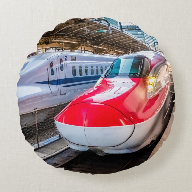 Two Shinkansen at the Tokyo Station Round Cushion (Front)