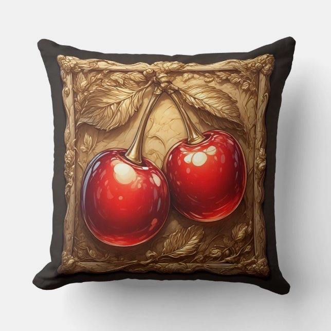 Two Shiny Red Cherries with Golden Leaves Cushion (Front)
