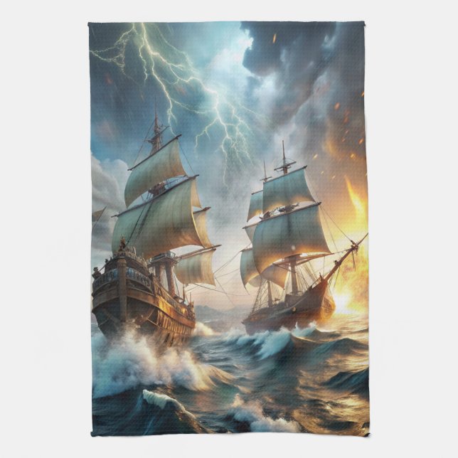 Two Ships at Sea Tea Towel (Vertical)