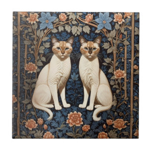Two Siamese Cats William Morris Inspired  Ceramic Tile