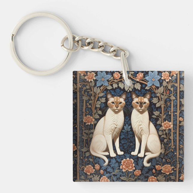 Two Siamese Cats William Morris Inspired  Key Ring (Front)