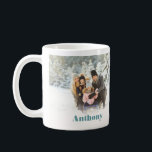 Two Side Personalised Custom Photo Coffee Mug<br><div class="desc">Add your own photos to create a special personalised gift. This mug can be customised with two photos. There's a spot to add one on the left side and another on the right. Below each photo is a spot to add your own text in bold teal blue lettering against an...</div>