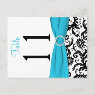 Two-sided Aqua, Black, White Damask Table Number Postcard