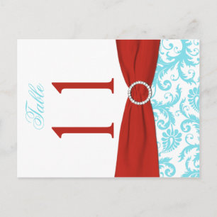 Two-sided Aqua, Red, White Damask Table Number Postcard