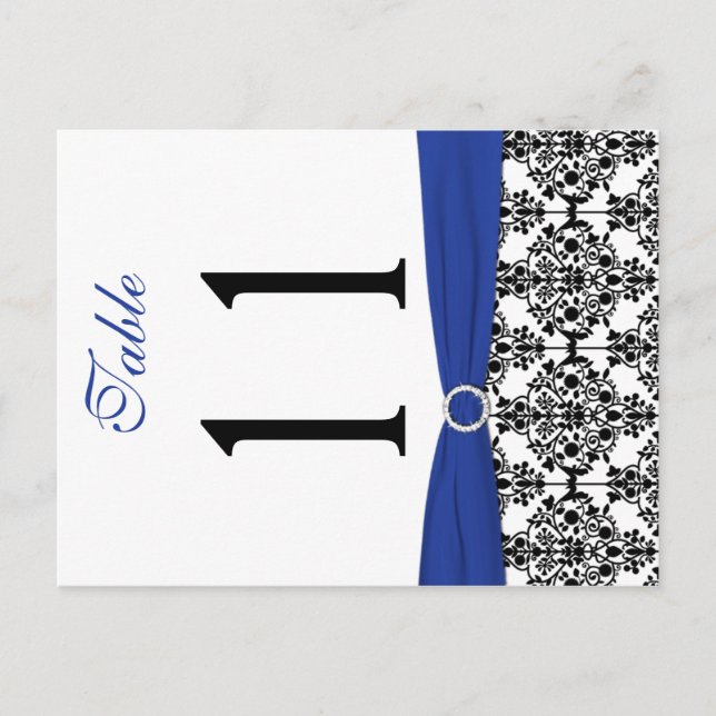 Two-sided Black, White, Blue Damask Table Number Postcard (Front)