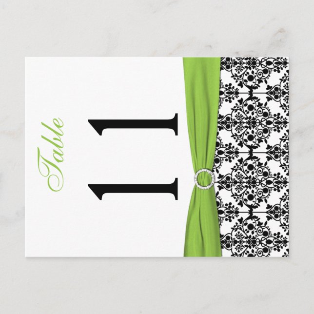 Two-sided Black, White, Lime Damask Table Number Postcard (Front)