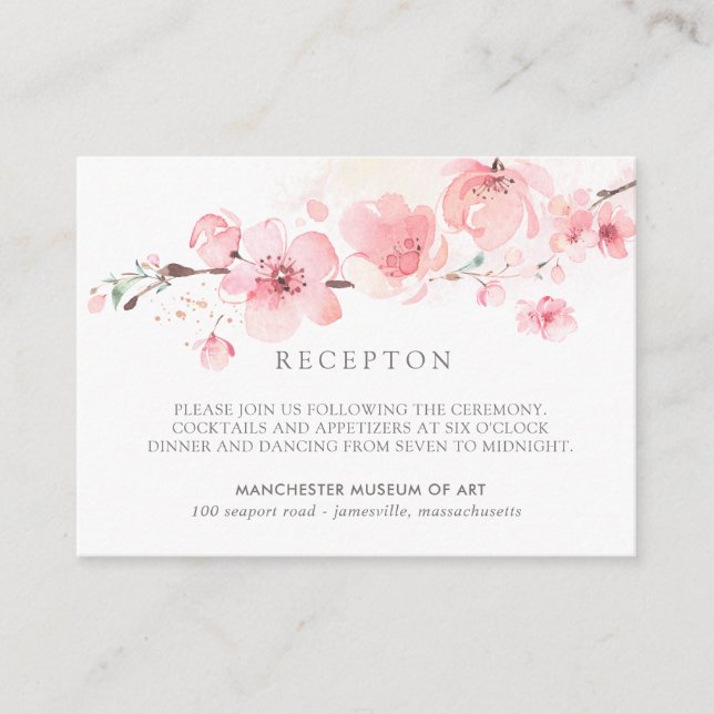 Two Sided Cherry Blossom Pink Wedding Reception Enclosure Card (Front)