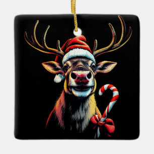 Two Sided Christmas Reindeer  Ceramic Ornament