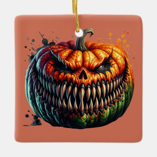 Two Sided Creepy Pumpkins With Large Teeth Ceramic Ornament (Front)