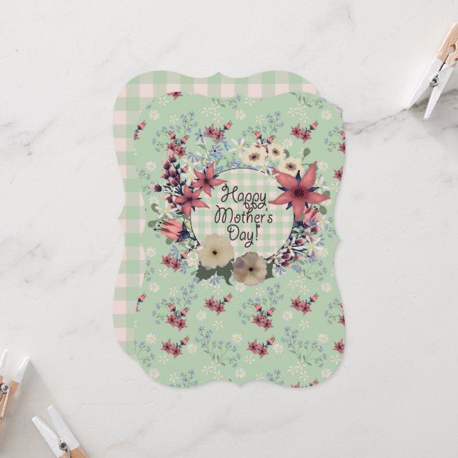 Two Sided | Floral Mother's Day | Mint Green Check Card (Front/Back In Situ)