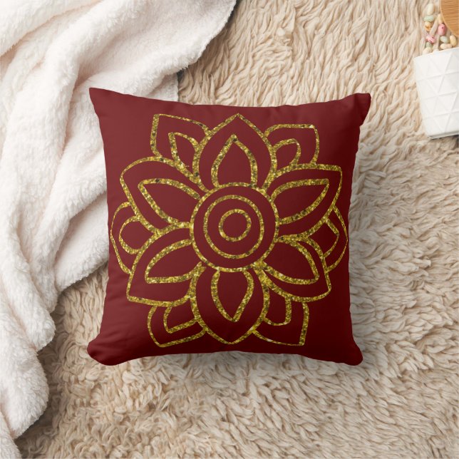 Two-sided Gold Glitter Flower Poinsettia Dark Red Cushion (Blanket)