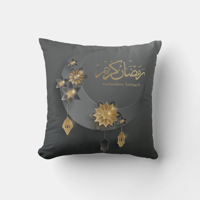 Two-sided Paper cut Ramadan lanterns & moon, black Cushion (Front)