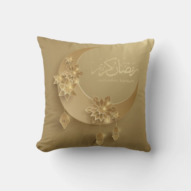 Two-sided Paper cut Ramadan lanterns & moon, gold Cushion (Front)