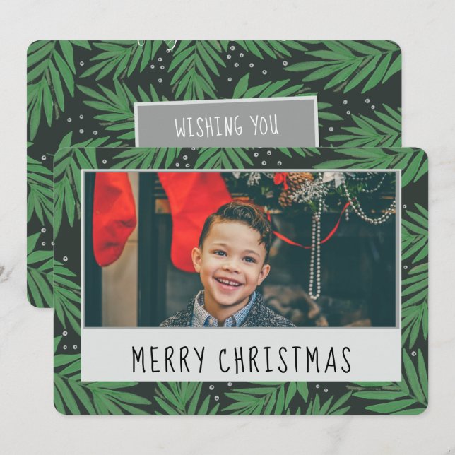 Two Sided Photo Green Pine Christmas  Holiday Card (Front/Back)