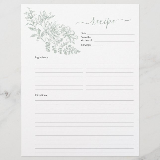 Two Sided Sage Green Recipe Page For Binder (Front)