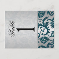 Two Sided Silver and Teal Damask II Table Number