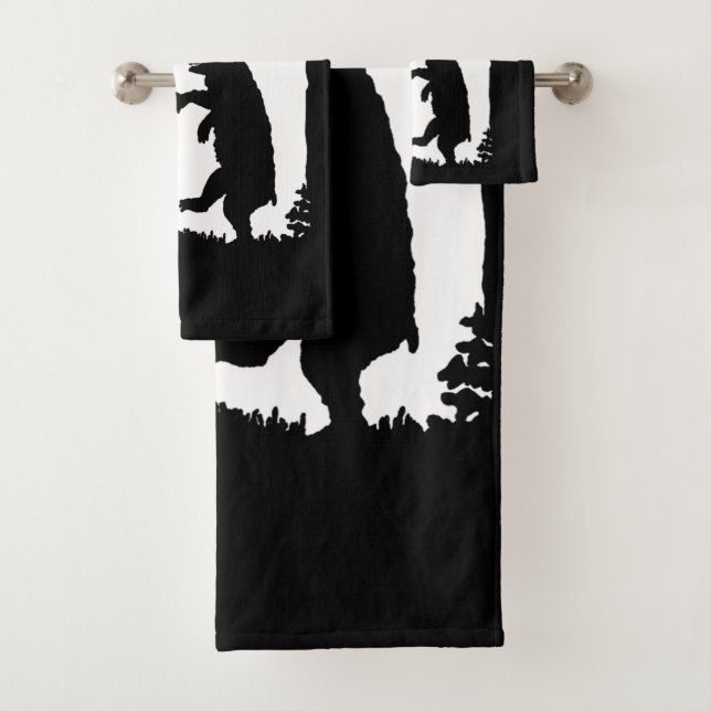Two Silhouette Dancing Black Bears Trees Owl Bath Towel Set (Insitu)