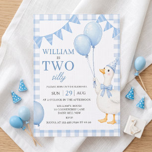 Two Silly Blue Gingham Boy 2nd Birthday Invitation