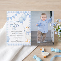 Two Silly Blue Gingham Boy 2nd Birthday Invitation