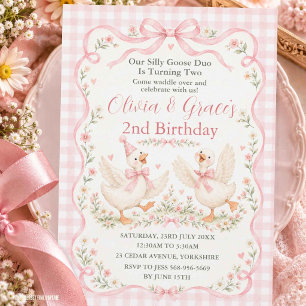 Two Silly Geese Twins Birthday Goose Pink Coquette Invitation
