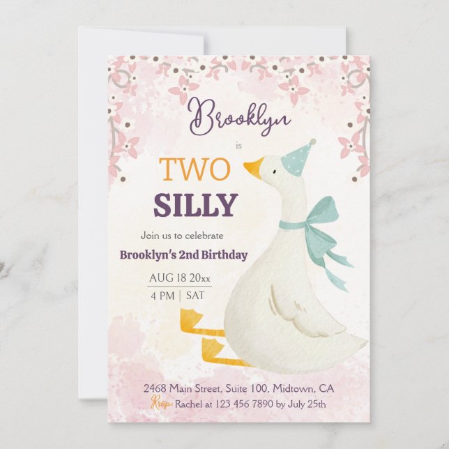 Two silly goose 2nd birthday cute floral pink invitation (Front)