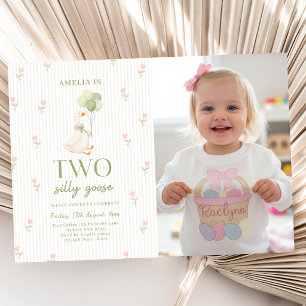 Two Silly Goose Balloons Floral 2nd Birthday Photo Invitation