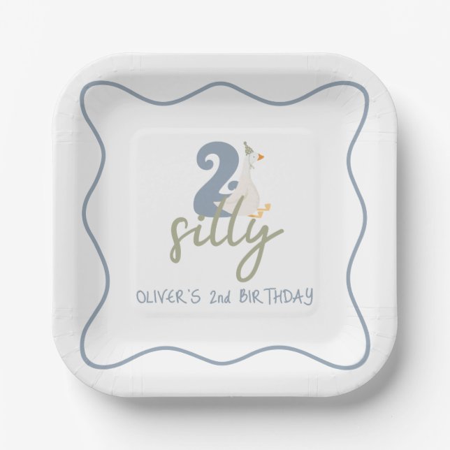 Two Silly Goose blue and green 2nd Birthday Paper Plate (Front)