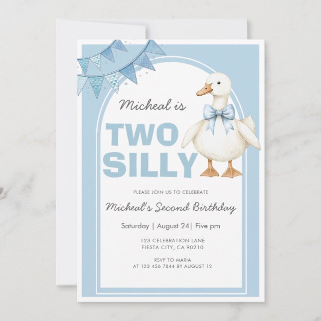 Two Silly Goose Blue Boy Second Birthday Invitation (Front)