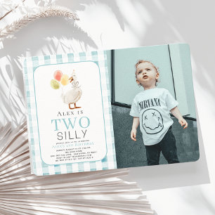 Two Silly Goose Blue Gingham Boy 2nd Birthday Invitation