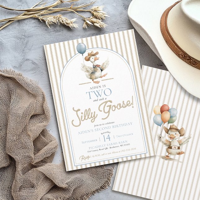 TWO Silly Goose Cowboy Western Boy 2nd Birthday Invitation (TWO Silly Goose modern western wild west neutral ticking pinstripe 2nd birthday party invitation )