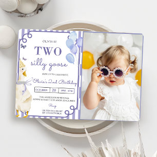 Two Silly Goose Gingham 2nd Birthday Party Photo  Invitation