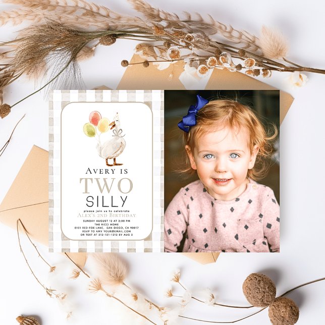 Two Silly Goose Greige Gingham 2nd Birthday Invitation (Creator Uploaded)