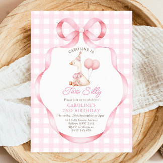 Two Silly Goose Pink Bow Girl 2nd Birthday Invitation