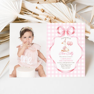 Two Silly Goose Pink Bow Girl 2nd Birthday Photo Invitation