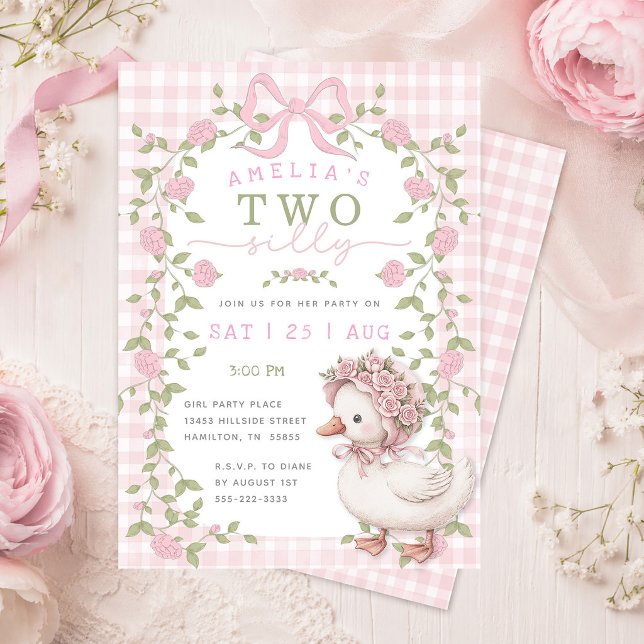 Two Silly Goose Pink Gingham Second Birthday Party Invitation (Two Silly Goose Pink Gingham Second Birthday Party Invitation)