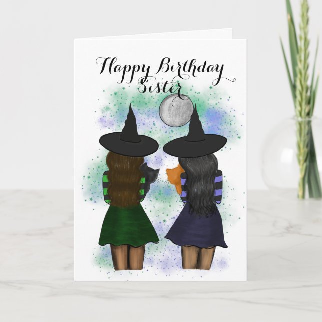 Two Sister Witches With Cats Birthday Card (Front)