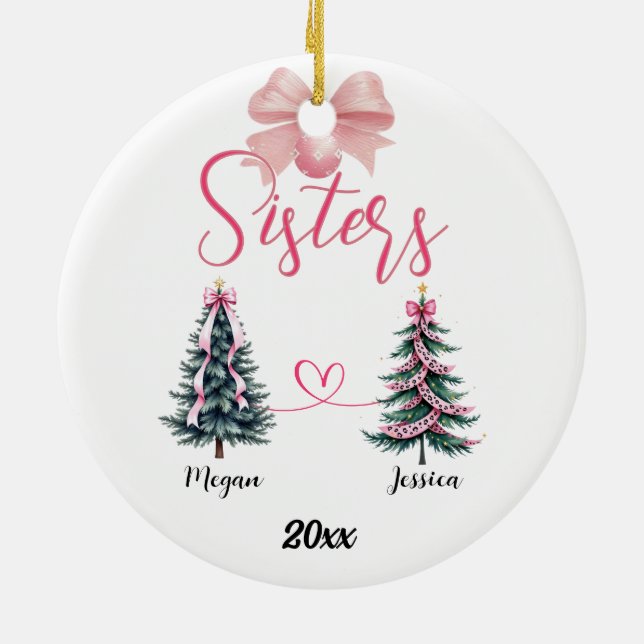 Two Sisters Christmas Tree With Custom Names Ceramic Ornament (Back)
