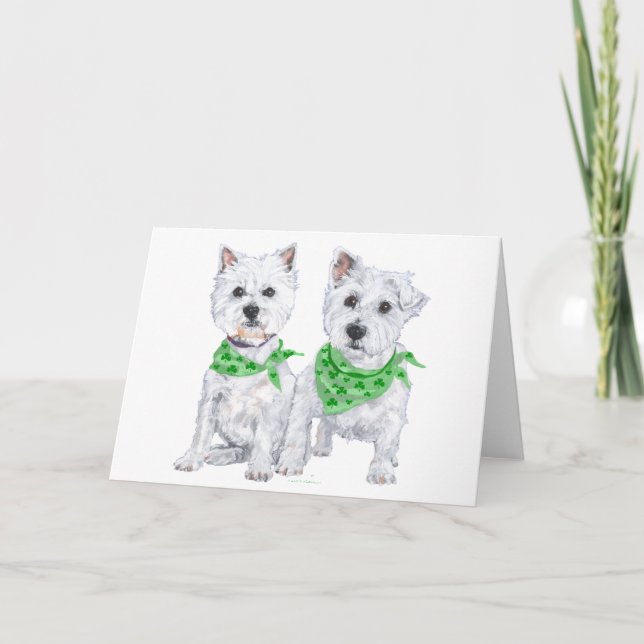 Two Sitting Westies on St Patricks Day Card (Front)