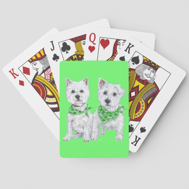 Two Sitting Westies on St Patricks Day Playing Cards (Back)