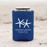 Two Skinny Starfish | Dark Blue Wedding Can Cooler<br><div class="desc">Two white skinny starfish with a solid Dark Blue background & White lettering. A fun CAN COVER to use at your Rehearsal Dinner or Wedding Day or even for a Family Reunion. Customise with your names and wedding date. You can also click on "Customise It" to add more text on...</div>