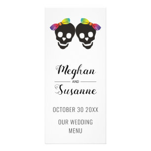 Two skull brides, bows lesbian wedding menu card