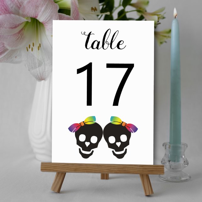 Two skull brides with bows lesbian wedding table number (Creator Uploaded)